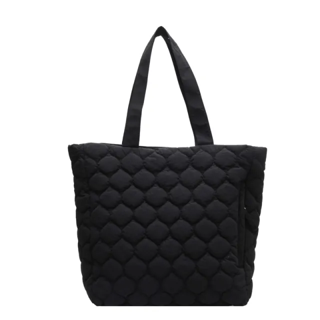 Rhombus Cotton padded Coat Shoulder Tote Bag Black - Shop at LoveMi