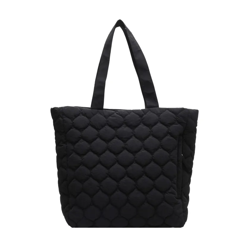 Rhombus Cotton-padded Coat Shoulder Tote Bag - Black