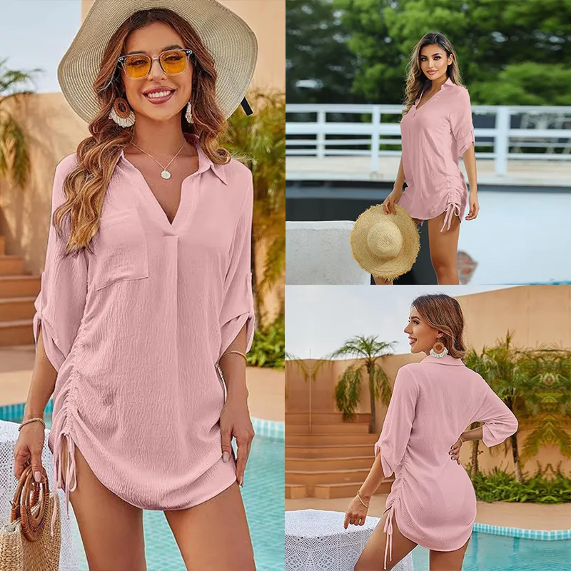 European And American Drawstring Blouse Collar Beach Jacket Head Bikini - Zs2439 Pink