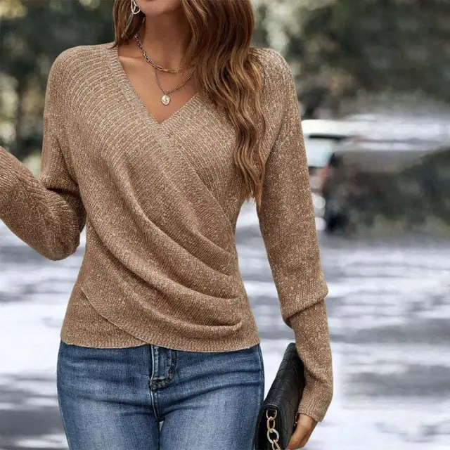 V neck Long Sleeve Cross Solid Color Knitted Sweater Caramel Color - Shop at LoveMi
