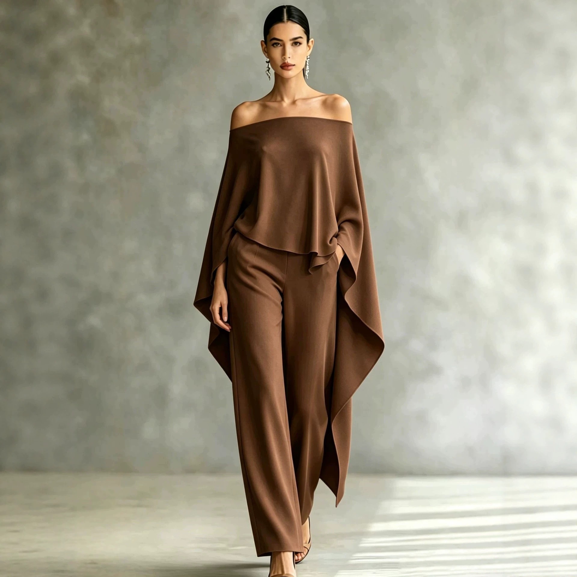 Autumn Fashion Off-Shoulder Wide-Leg Pants Set Womens Solid-Color Asymmetric Two-Piece Set 6