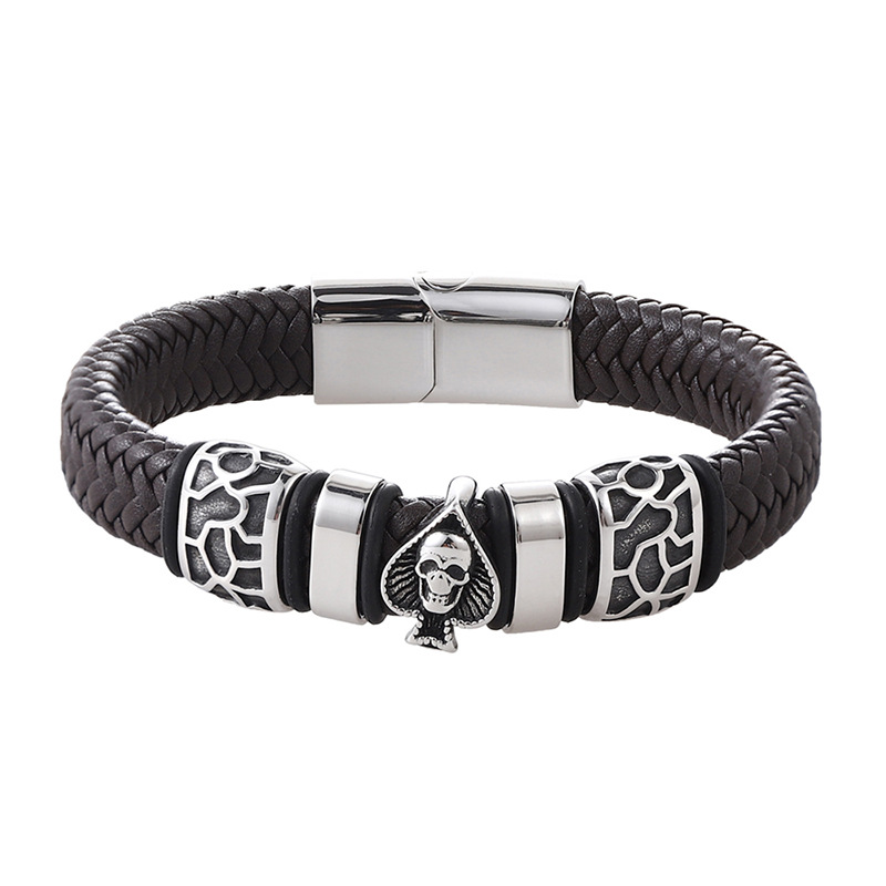 Stainless Steel Charm Men's Leather Cord Bracelet