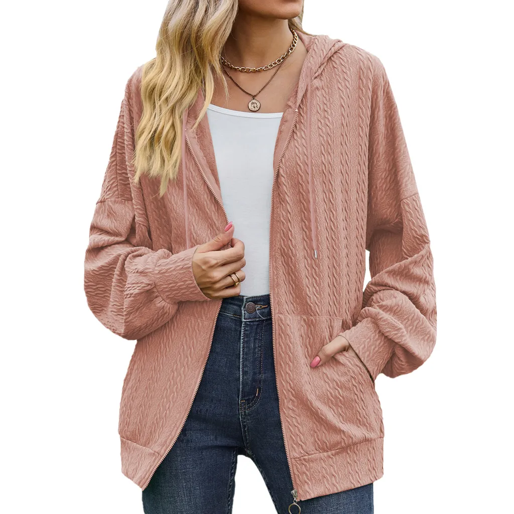 Women's Fashion Solid Color And V-neck Zipper Loose Sweater Coat - Leather Pink