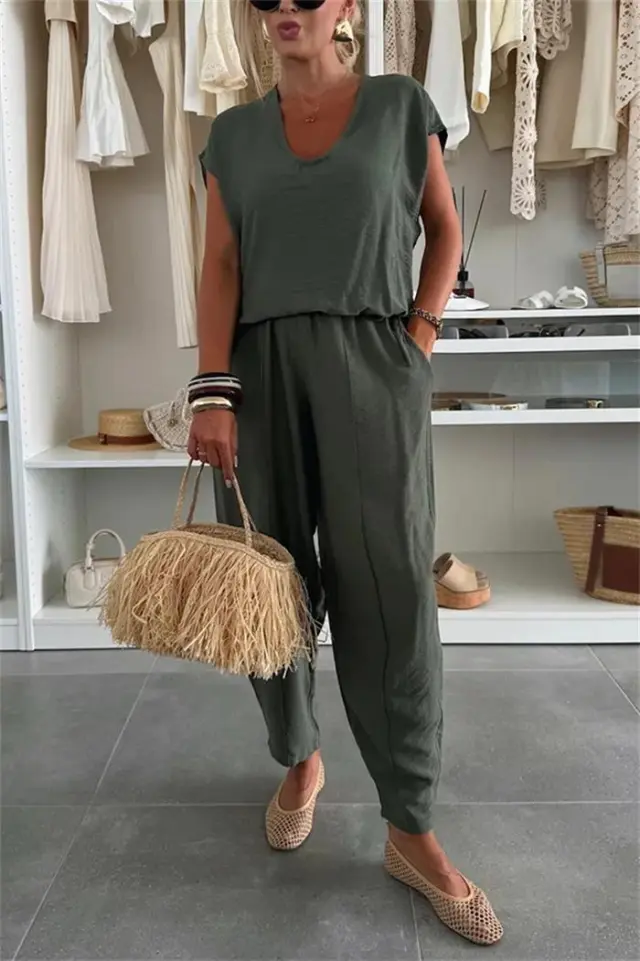 New Summer Linen Ice Silk Leisure Fashion Suit Two piece Pants Army Green - Shop at LoveMi