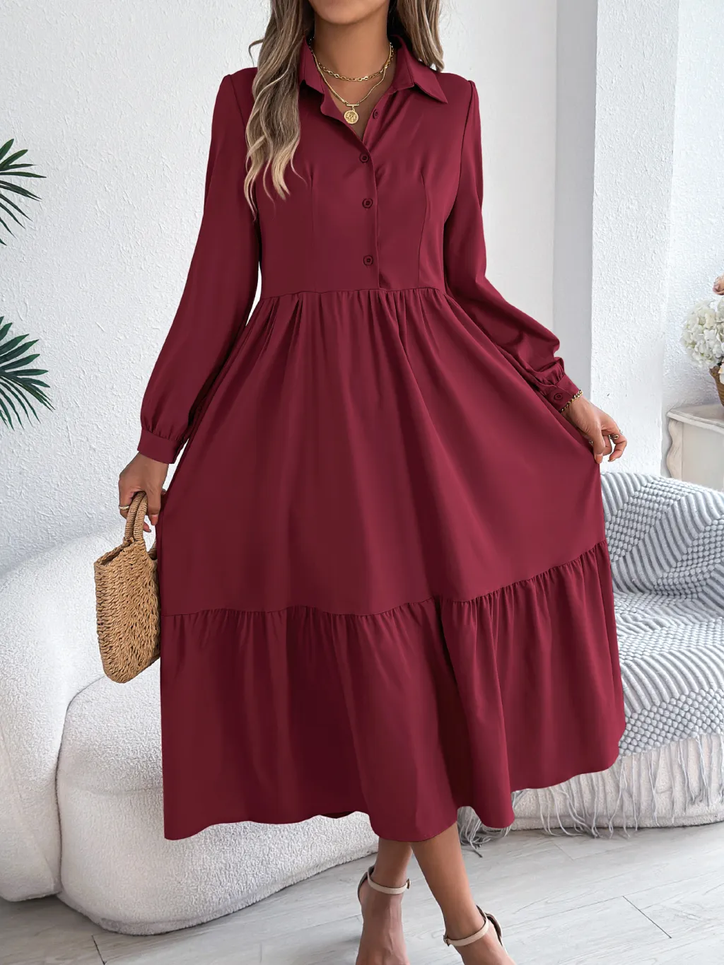 Women's Lapel Casual Loose Long Sleeve Ruffled Shirt Dresses Long Sleeved Turn-down Collar Single-Breasted Dress Spring Autumn Fashion Women's Clot...