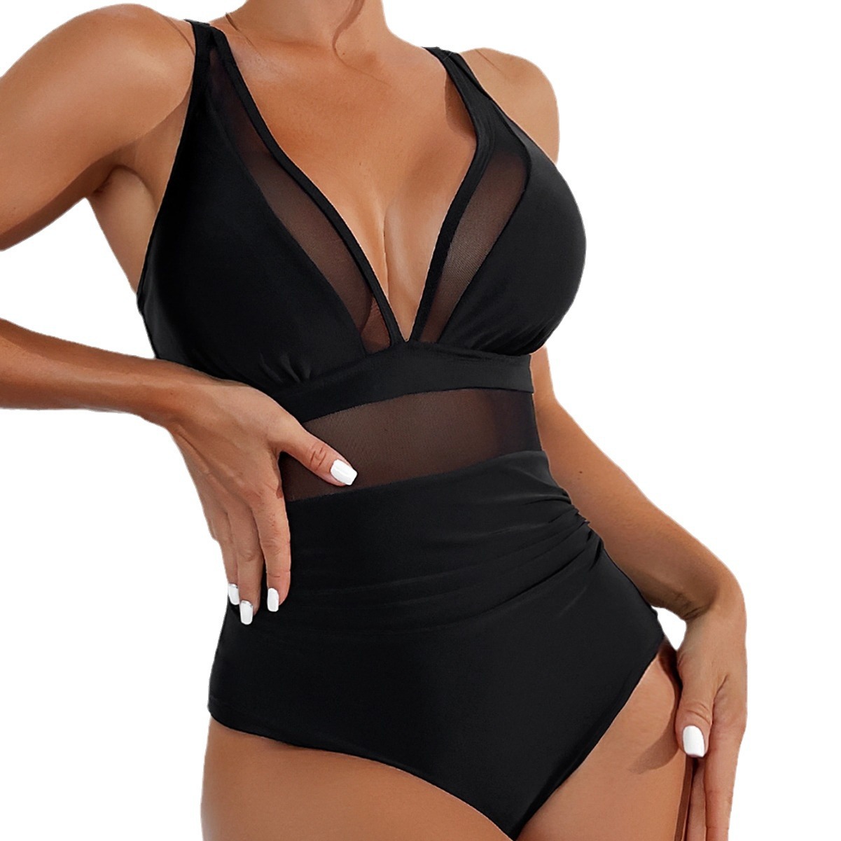 Pure Color Mesh Halter Bikini One-piece Swimsuit - Image 6
