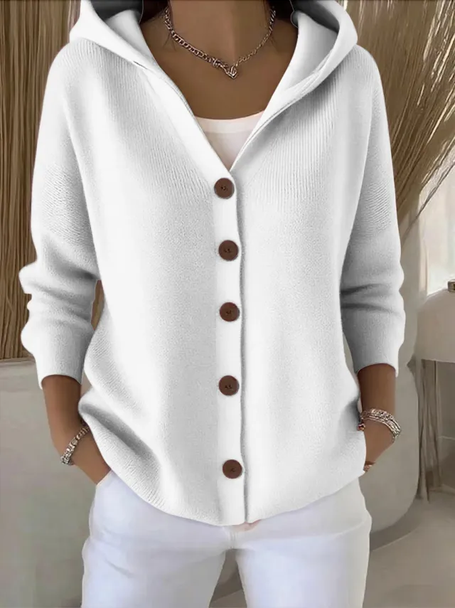 Ins Button Hooded Sweater Fashion Autumn And Winter Knitted Cardigan Casual Commuter Long Sleeve Top Women's Clothing White - Shop at LoveMi