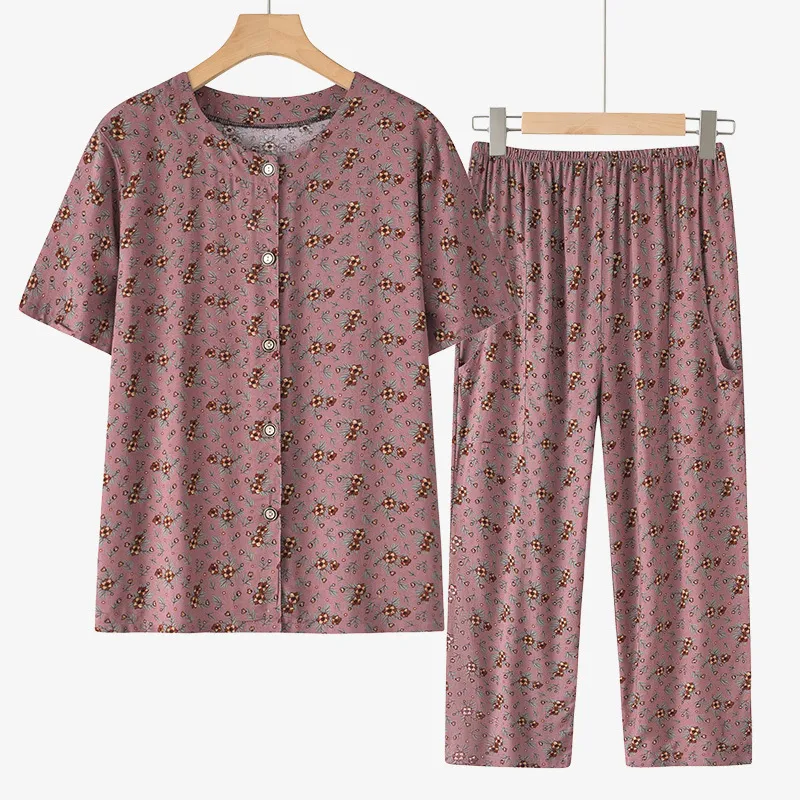 Grandma Summer Short Sleeve Suit Cotton Silk Women - Pink Color Small Flower Suit