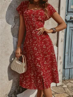 Floral Square Collar Button Split Dress - Red - View 1