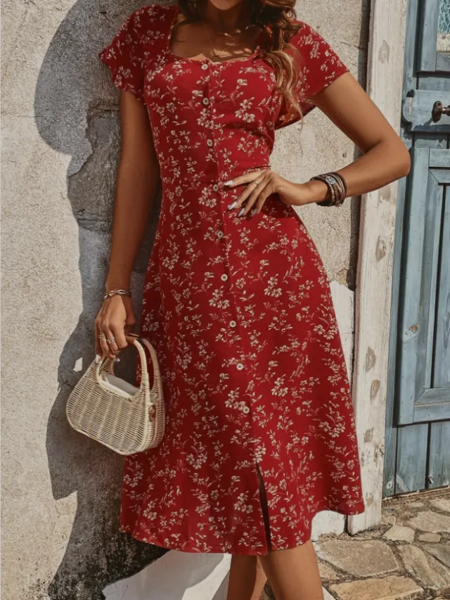 Floral Square Collar Button Split Dress Red - Shop at LoveMi