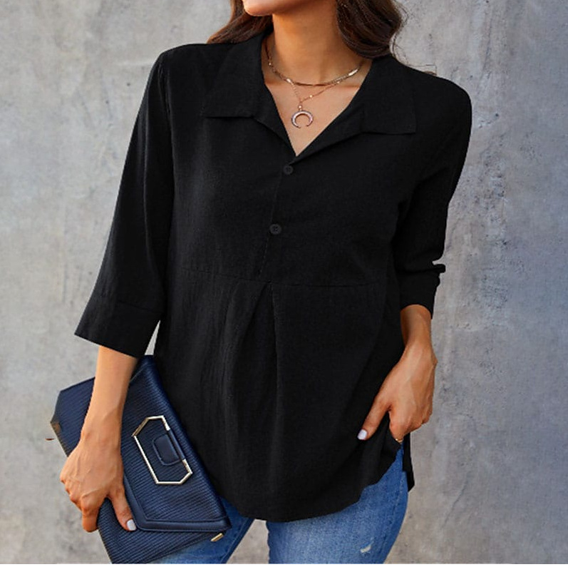Solid-color Lapel-neck Slit Peplum Three-quarter-sleeve Womens Shirt