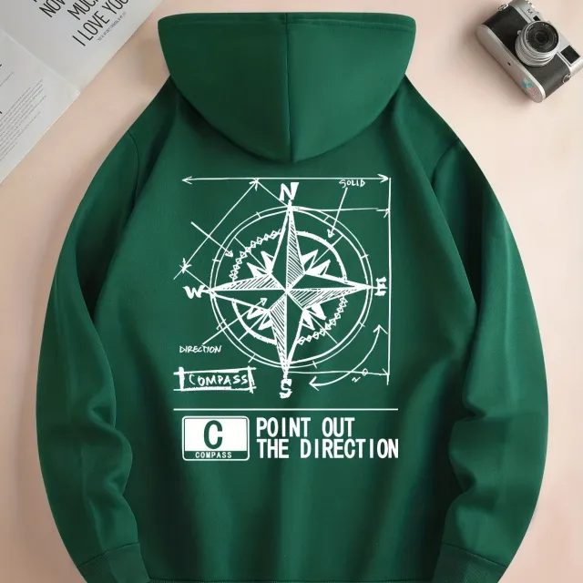 Fashion Green Compass Pattern Hoodie Casual Autumnwinter Pullover With Drawstring Kangaroo Pocke Green - Shop at LoveMi