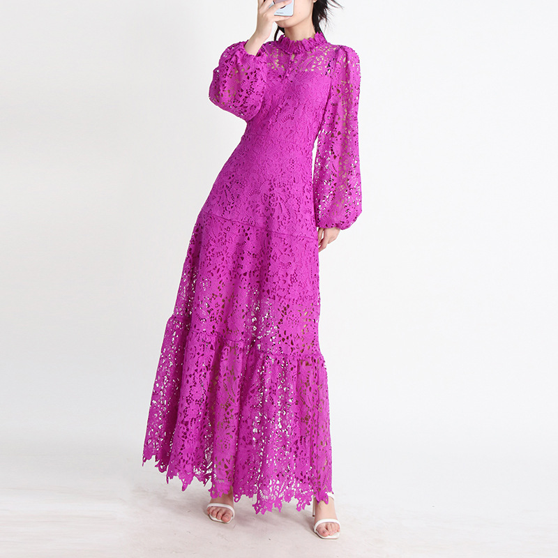 Women's Stand Collar Long Sleeve Waist Long Embroidery Hollow Dress — image 1