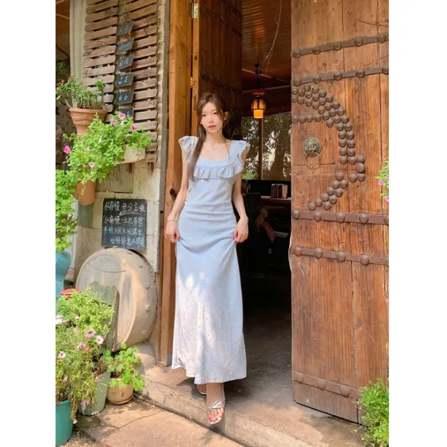 French Pastoral Floral Dress For Women Blue - Shop at LoveMi