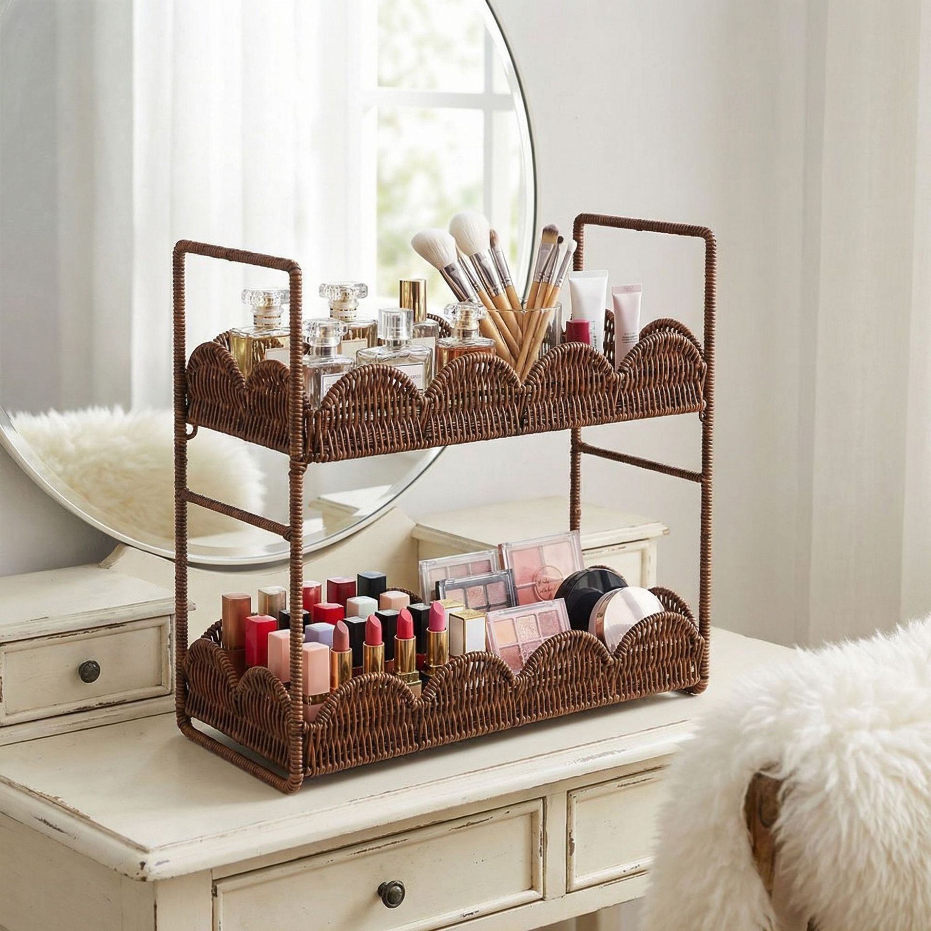 Bathroom Shelf Rattan-woven Double-tiered And Movable