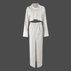 Autumn And Winter Women's Shirt Midriff-baring Long Sleeve Top Elastic Waist Skirt Suit - White - View 1