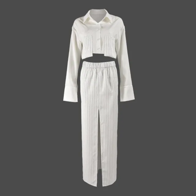 Autumn And Winter Women's Shirt Midriff baring Long Sleeve Top Elastic Waist Skirt Suit White - Shop at LoveMi