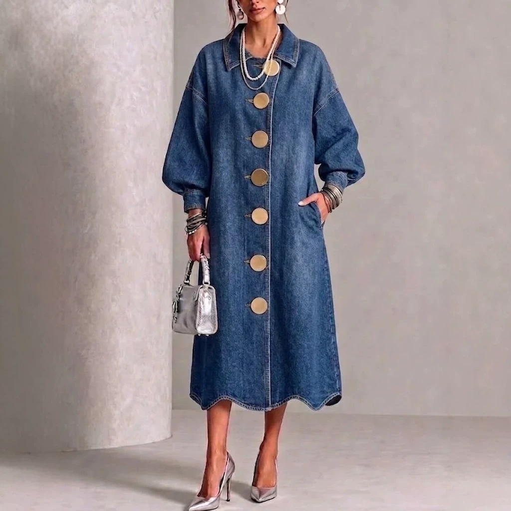 Single-breasted, Loose-fit, Plus-size Long-sleeve Denim Dress