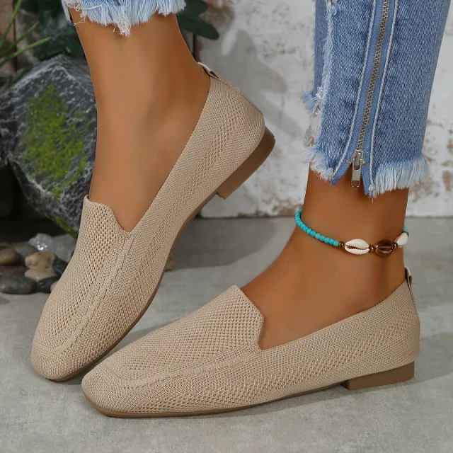 Casual Female Square Toe Flat Flyknit Loafers Apricot - Shop at LoveMi