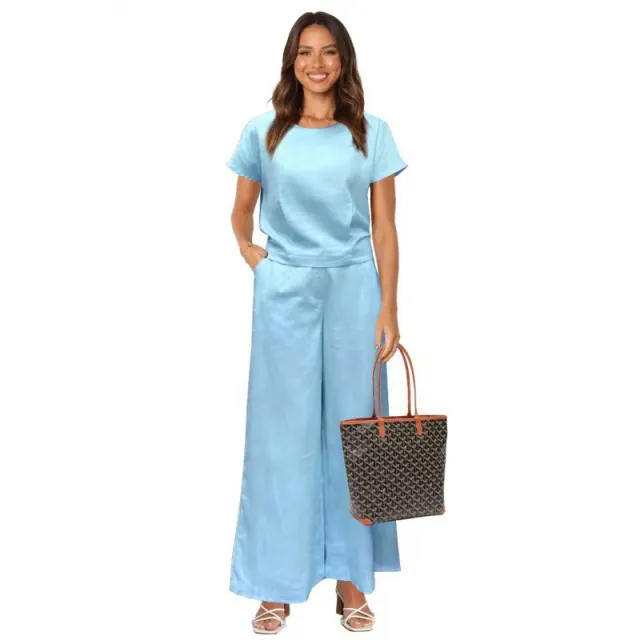 Women's Fashion Solid Color Large Size Loose Short sleeved Trousers Two piece Set Blue - Shop at LoveMi