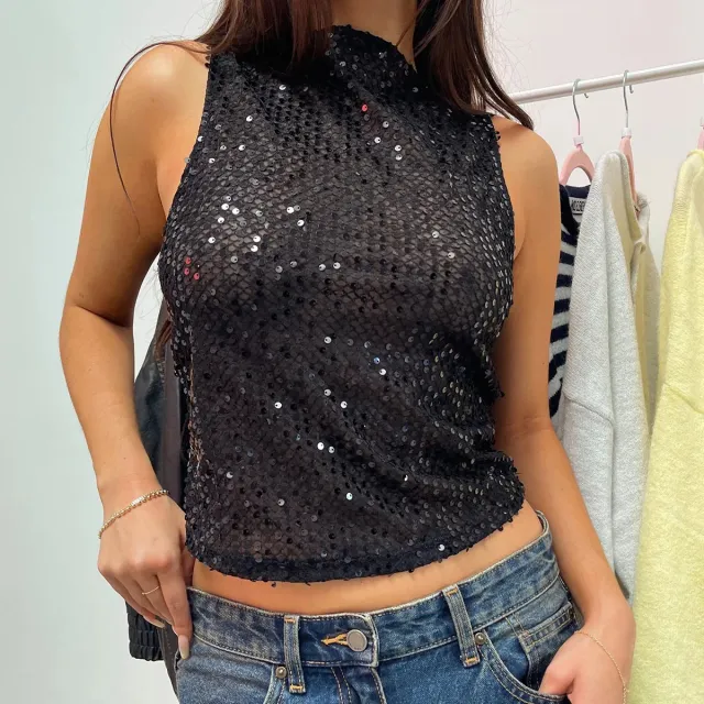 Sequin Sleeveless Party Crop Top Black - Shop at LoveMi