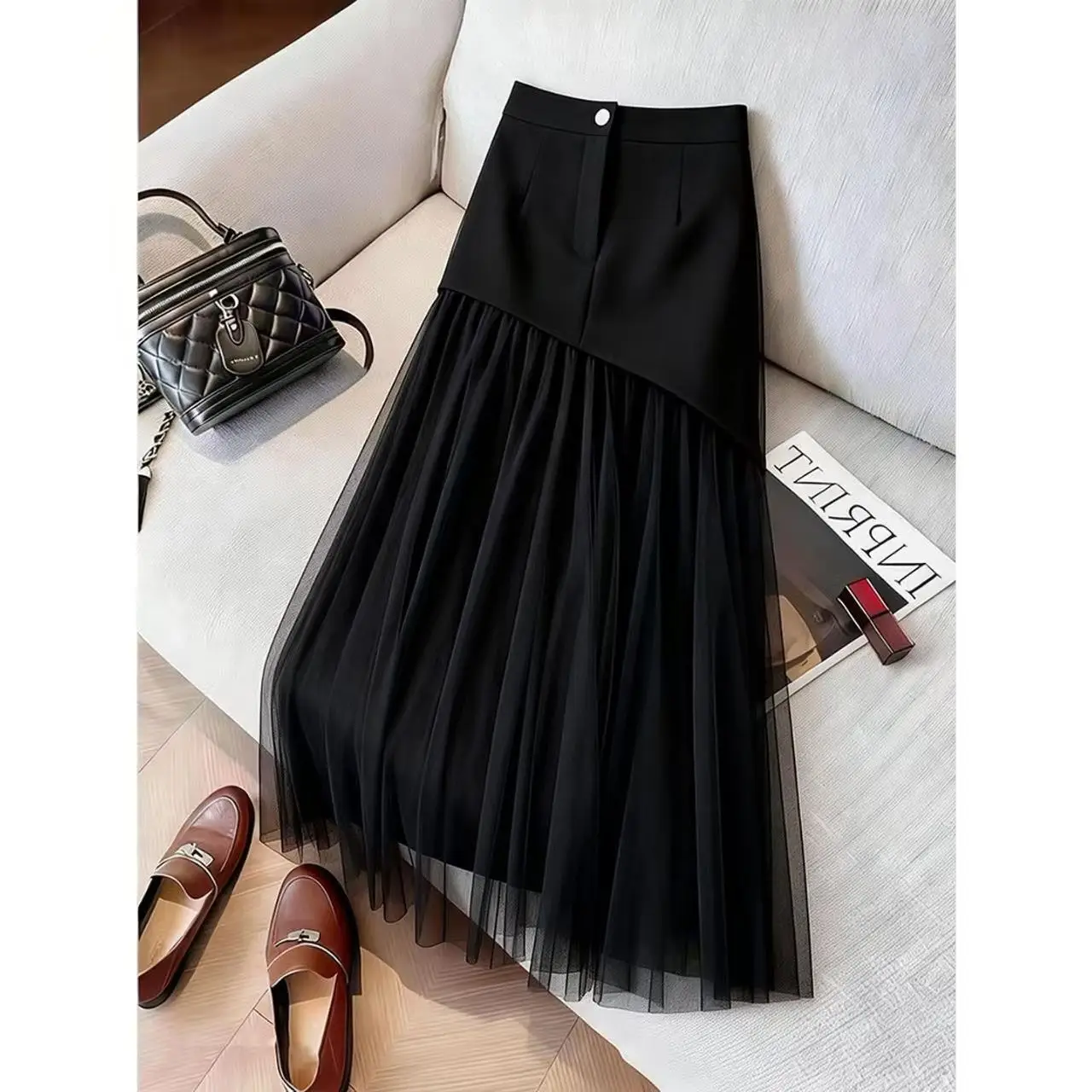 High-waisted A-line Tulle Patchwork Midi Skirt