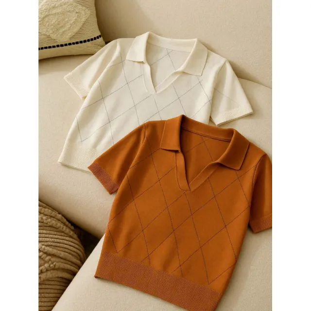 Women's Polo Neck Diamond Knit Short Sleeve Pullover Brown - Shop at LoveMi