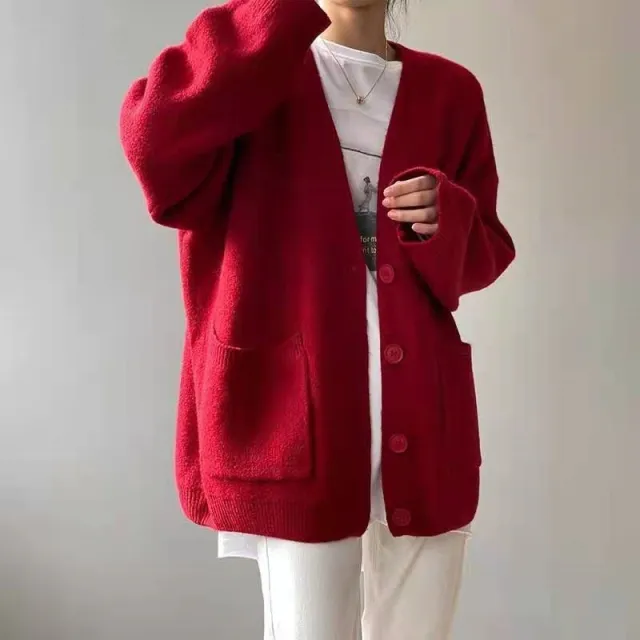 Korean Preppy Style Solid Color Sweater Women's Coat Spring And Autumn New Loose Knitted Cardigan Red - Shop at LoveMi