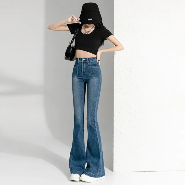 Spring And Autumn Slightly Flared Jeans Women Blue Regular - Shop at LoveMi
