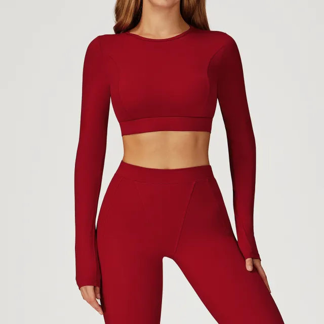 Nude Feel Tight Long Sleeve Sports Round Neck Yoga Long Sleeve Top Purplish Red - Shop at LoveMi