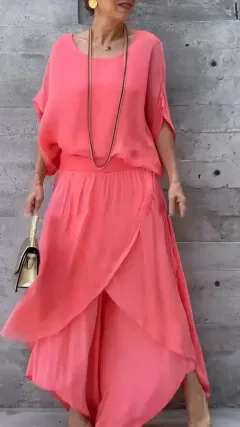 Loose Comfortable Top Split Wide Leg Pants Chiffon Casual Suit - Orange - View 1