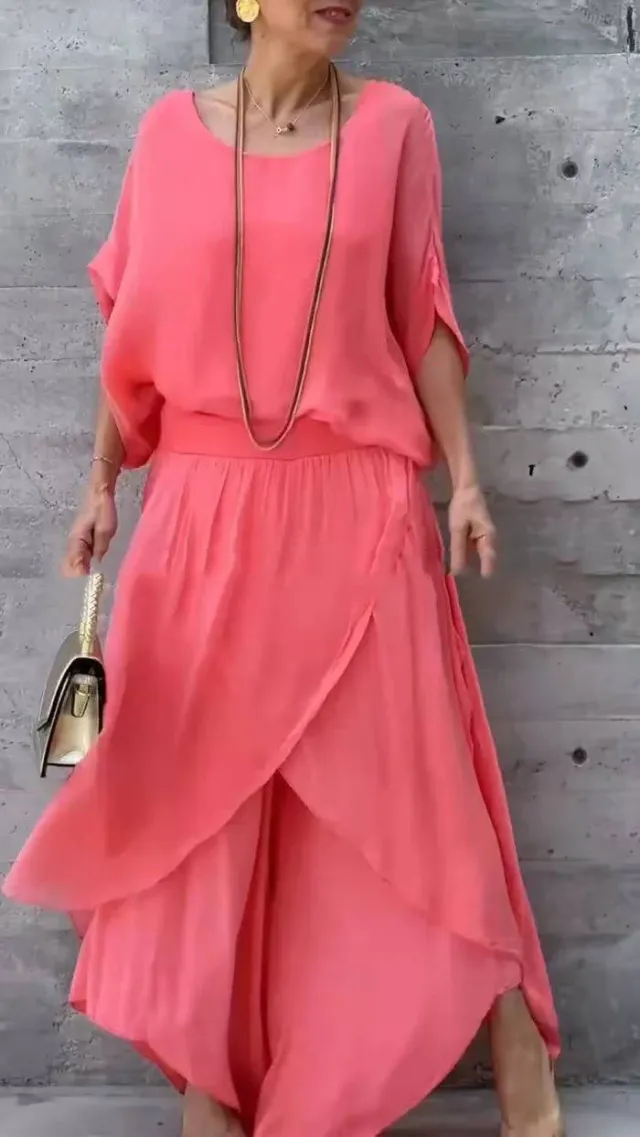 Loose Comfortable Top Split Wide Leg Pants Chiffon Casual Suit Red - Shop at LoveMi
