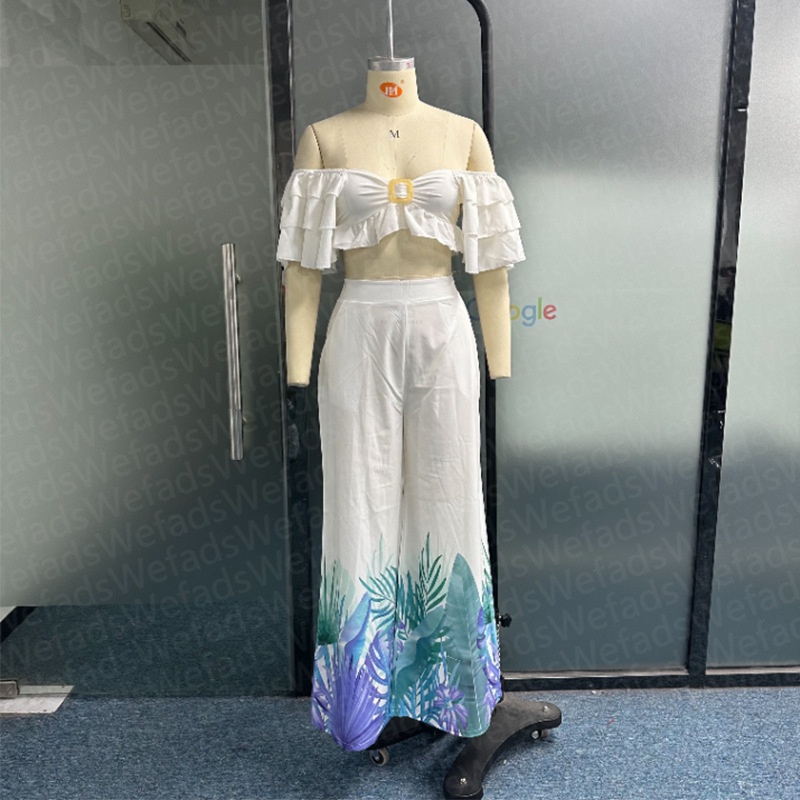 Two-piece Casual Off-shoulder Solid Off-shoulder Ruffled Sleeves High Waist Top Wide Leg Printed Pants Suit Streetwear - Image 2