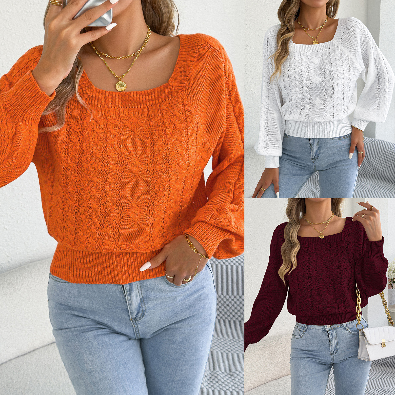 Pulover casual tricotat cu cablu, culoare solidă, cu gât pătrat, cu mânecă lungă, cu talie definită