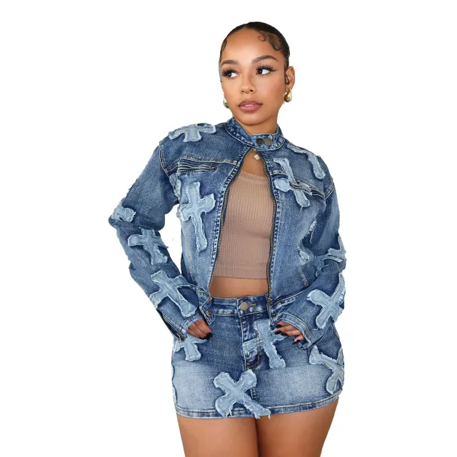 Denim Embroidered Short Skirt Jacket Suits Suit Blue - Shop at LoveMi