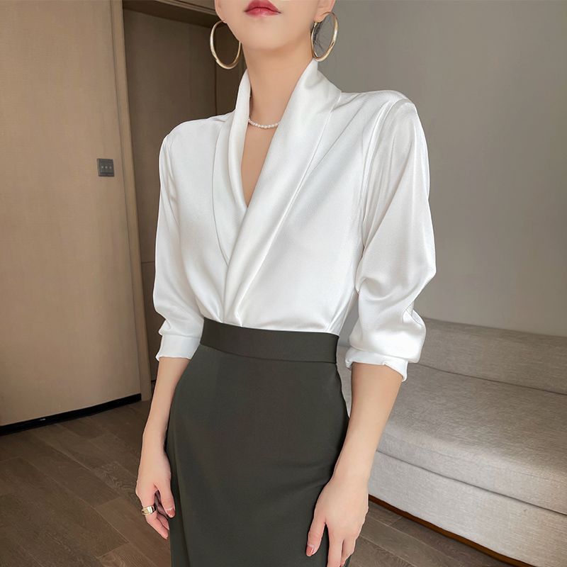 Satin Draping Shirt High Class Elegant White Shirt Top
