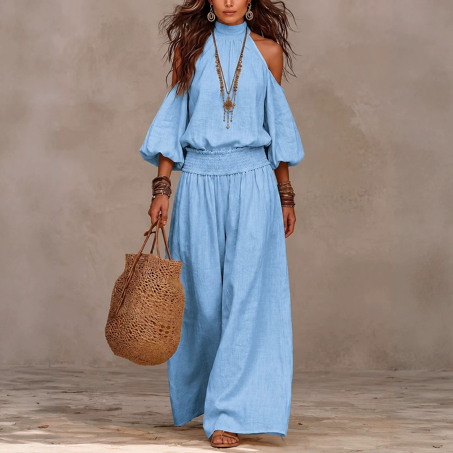 Womens Fashionable Casual Round-Neck Loose-Fit Long-Sleeve Hollow-Out Top And Pleated Pants Set 10