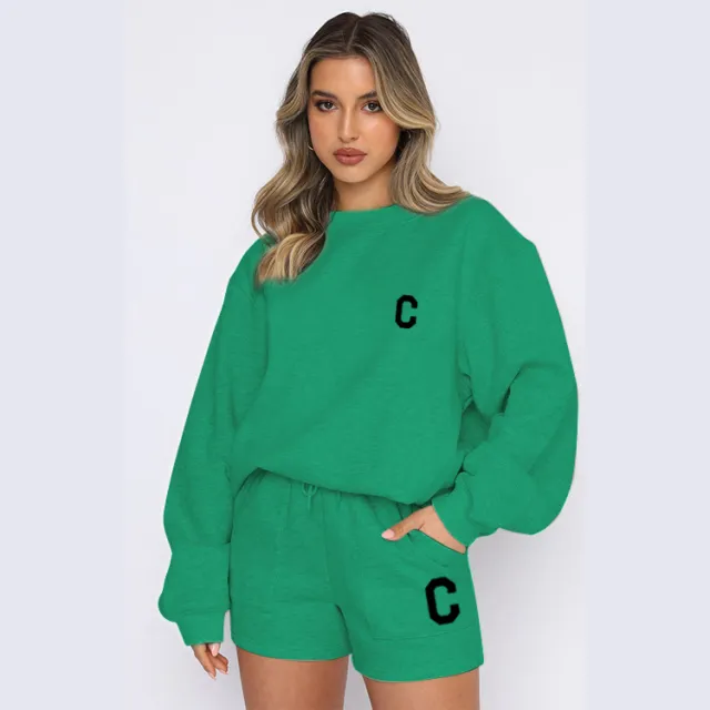 Autumn And Winter New Fleece Fashion Letter Casual Suit Green - Shop at LoveMi