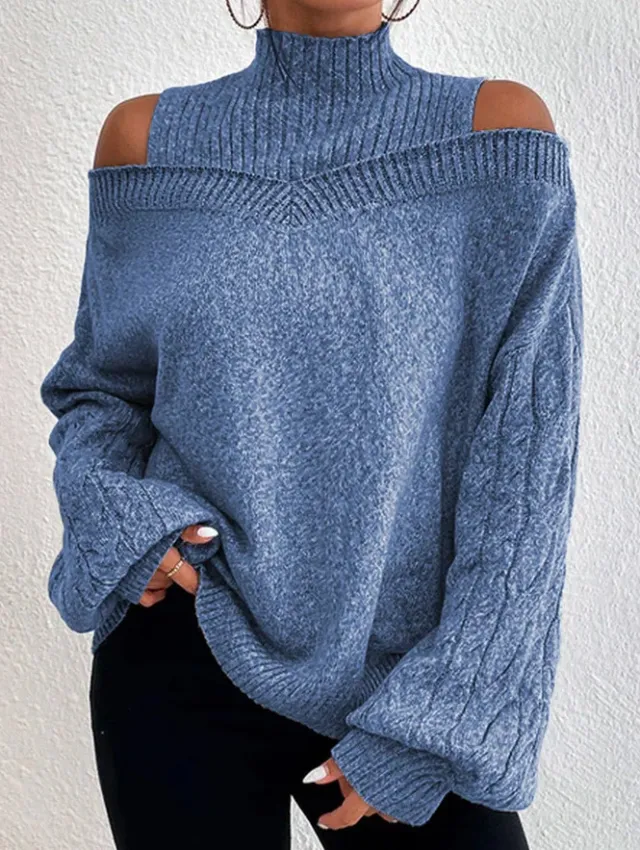 European And American Off the shoulder Sweater Women's Pullover Half Turtleneck Autumn And Winter New Lantern Sleeve Sweater Blue - Shop at LoveMi
