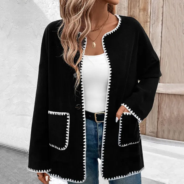 Loose Color Matching Long Sleeve Pocket Coat Women Black - Shop at LoveMi