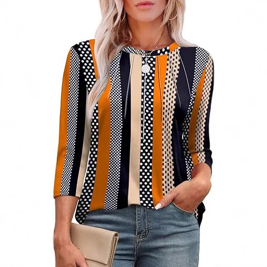 Casual Pleated Round Neck Printed Top Vertical Stripes L - Shop at LoveMi
