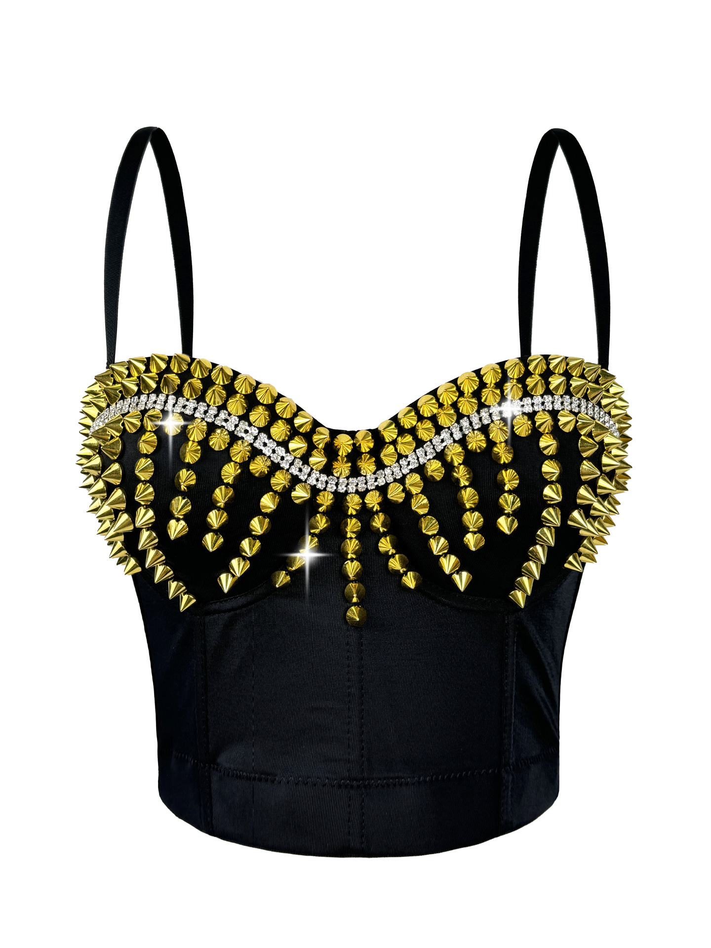 Sleek Edgy Outerwear Top With Exposed Midriff And Decorative Rivets