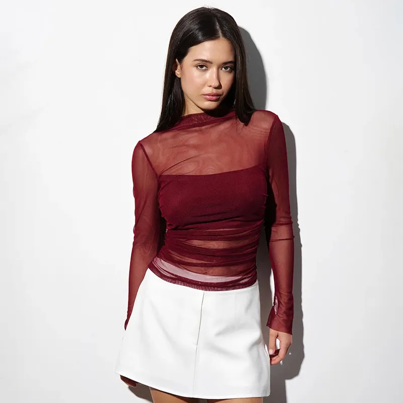 New Round-neck Pullover Sheer Mesh Bustier Spliced Top - Red