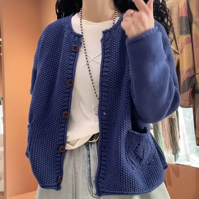 Women's Solid Color Round Neck Long Sleeve Knitted Sweater Coat Dark Blue - Shop at LoveMi