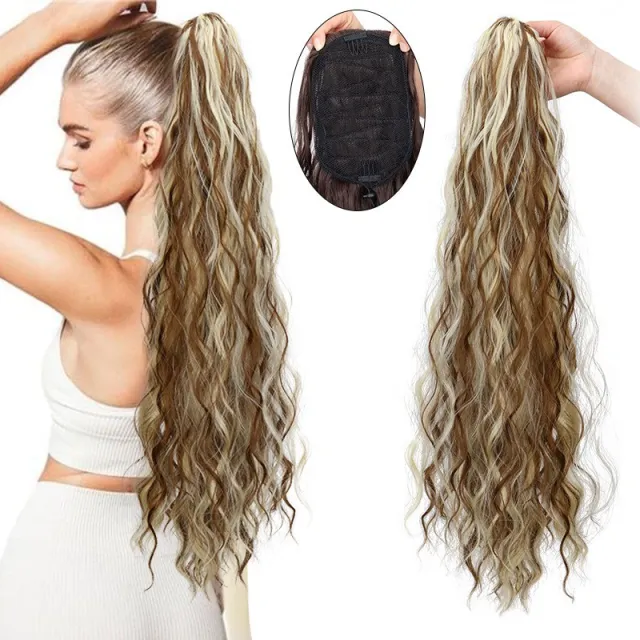 Water Ripple Long Curly Hair Fluffy Corn Curler Hair Extension Drawstring 6H613 - Shop at LoveMi