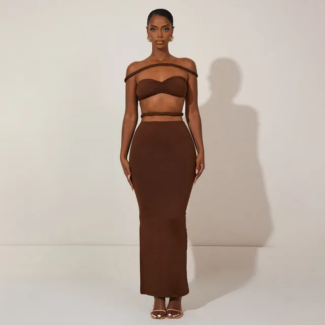 Women's Twist Braid Off shoulder Tube Top Top Suit Brown - Shop at LoveMi
