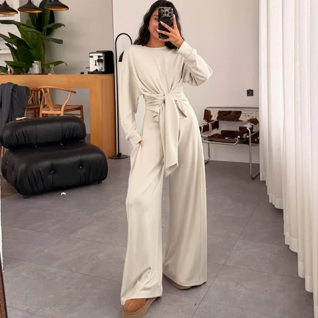 Stylish And Comfortable Waist tied Ribbon Pants Casual Suit Apricot - Shop at LoveMi