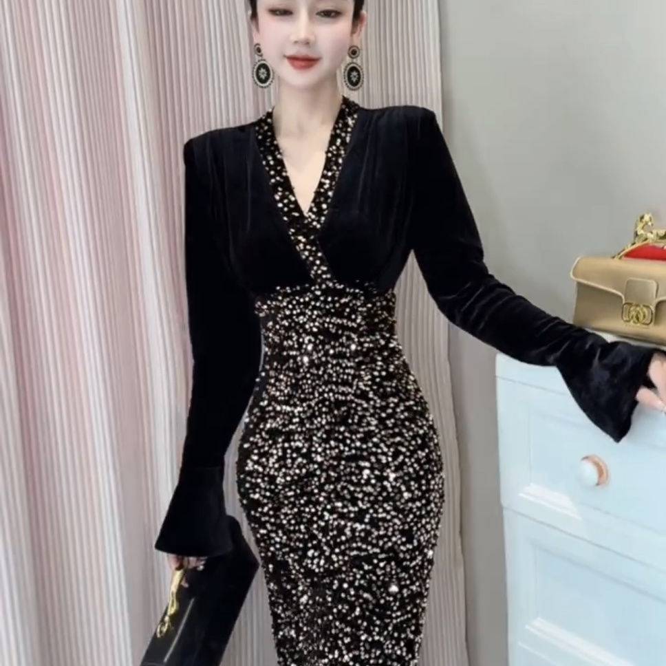 Womens Slim-Fit Sequined Long Dress In French Style