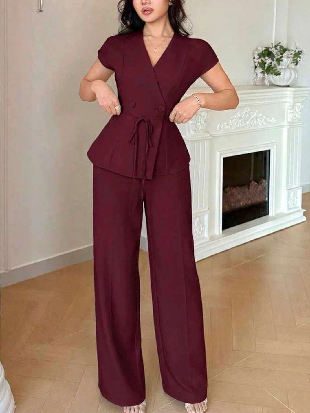 Womens Casual-Style Lace-Up Button Vest And Pants Set 5