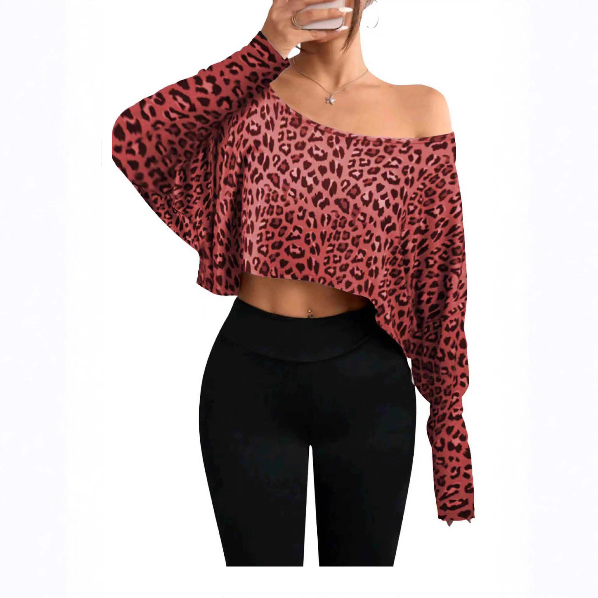 Women's Fashionable And Elegant Off-shoulder Leopard-print Top - Image 3